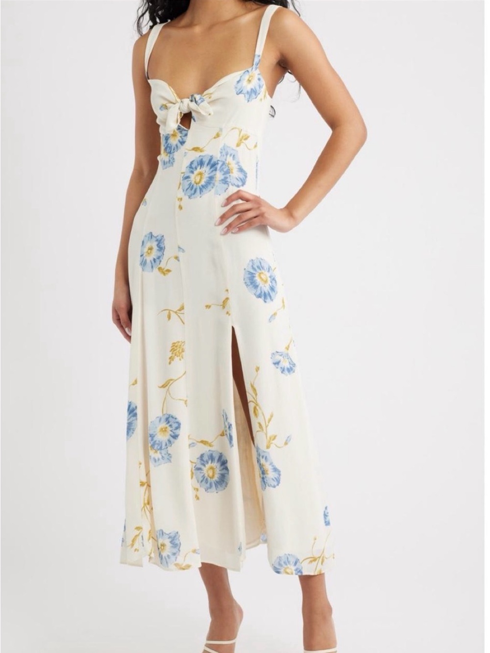 Reformation Cream Midi Dress with Blue Floral Print